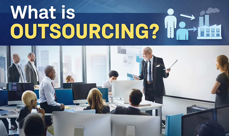 A professional business office setting featuring the text "What is Outsourcing?" and an icon representing the transfer of tasks from a person to an external facility.